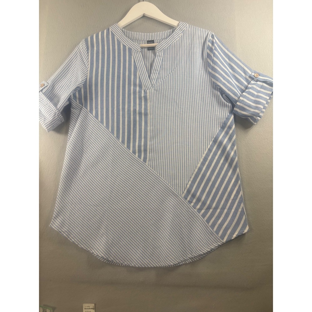 Emery Rose Blue White Striped Roll Tab Sleeve V-Neck Blouse  Small